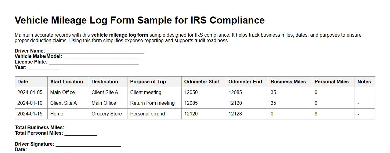 Vehicle mileage log form sample for IRS compliance image preview