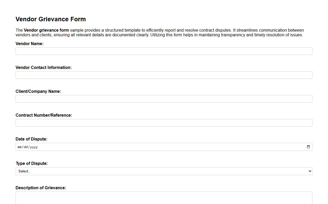 Vendor grievance form sample for contract disputes image preview