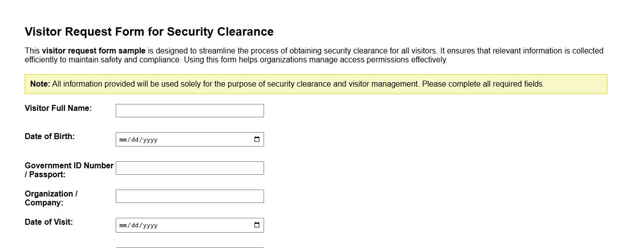 visitor request form sample with security clearance image preview