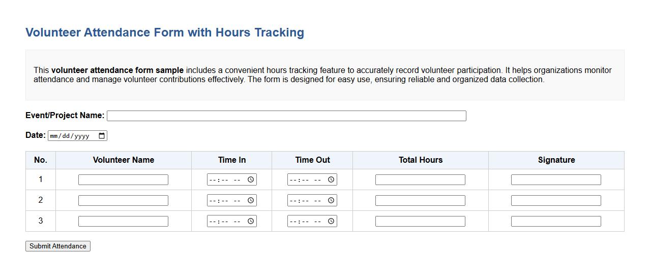 volunteer attendance form sample with hours tracking image preview