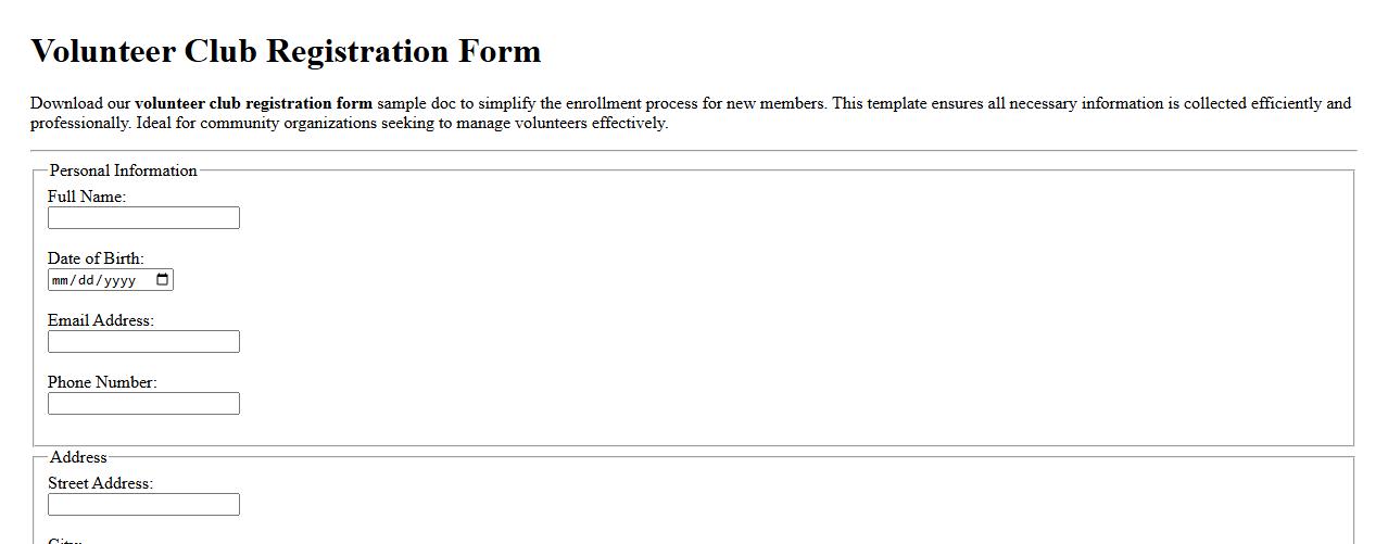 Volunteer club registration form sample doc image preview