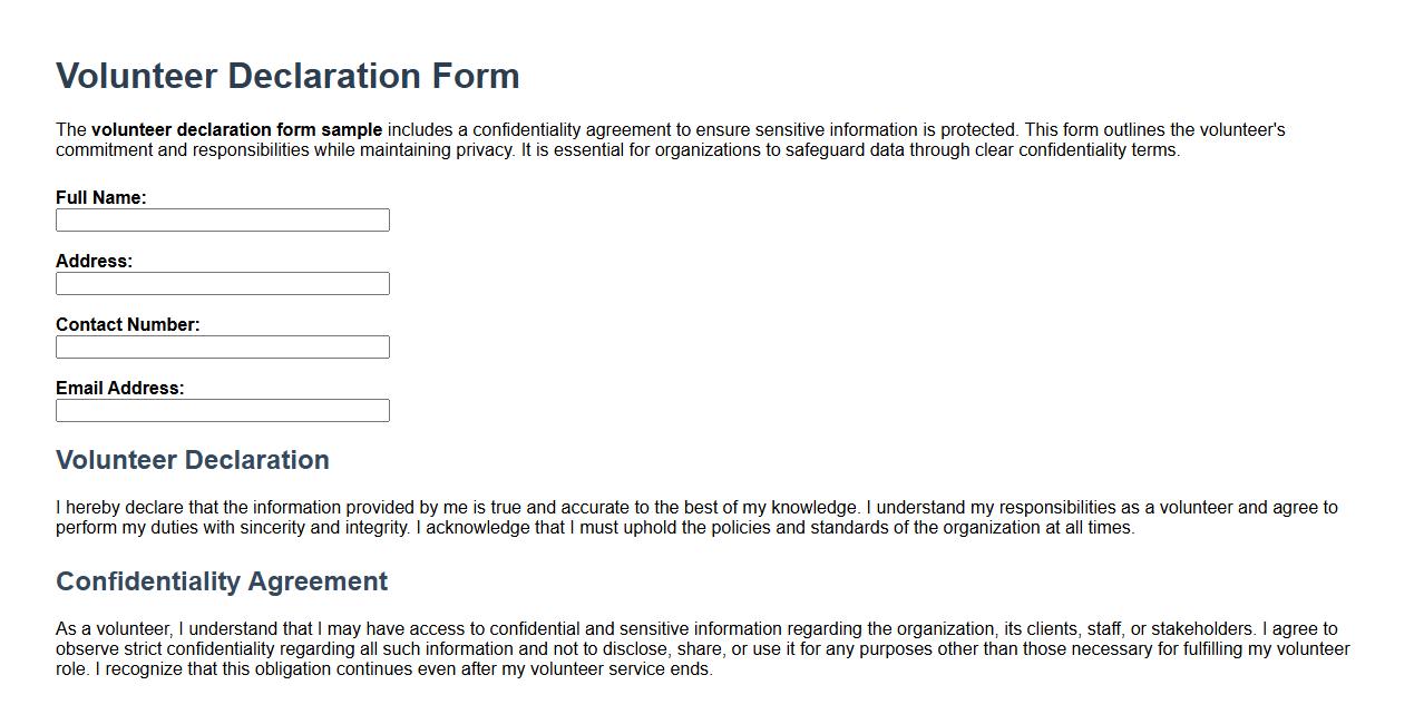 Volunteer declaration form sample with confidentiality agreement image preview