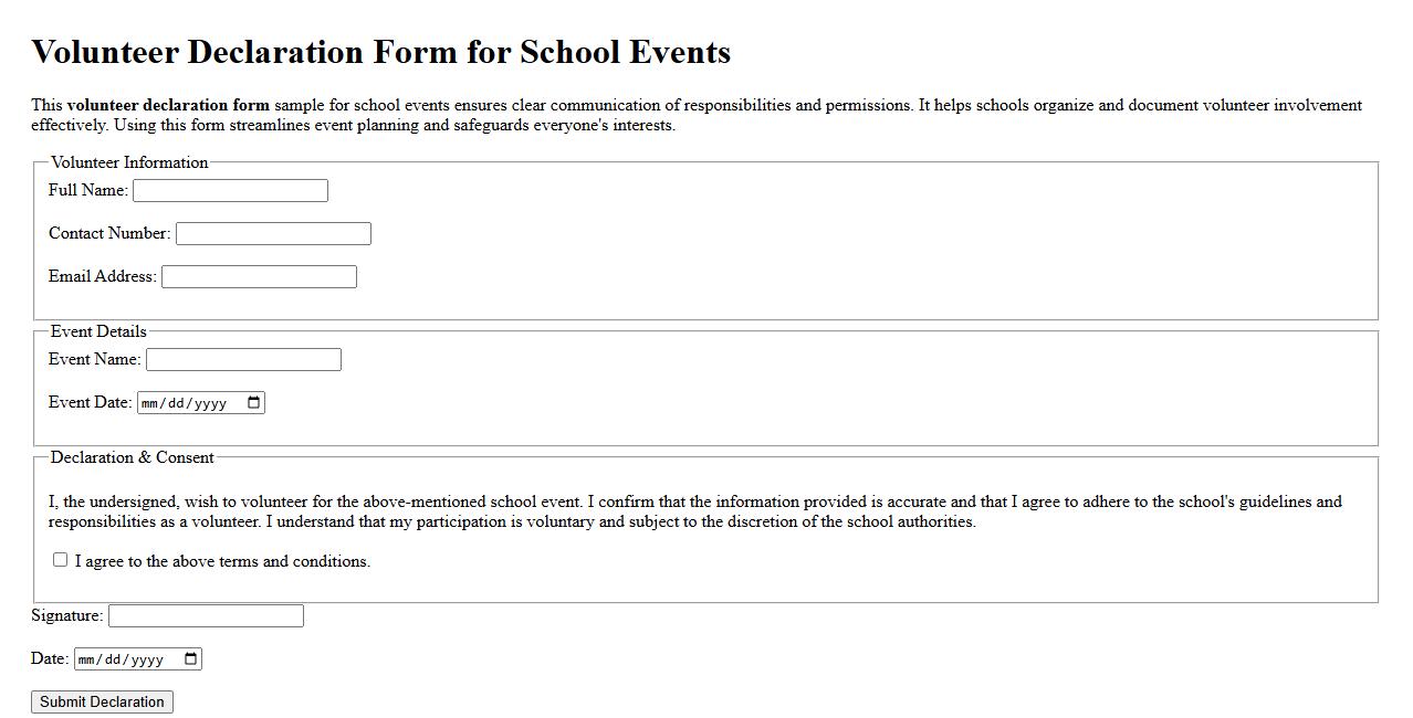 Volunteer declaration form sample for school events image preview
