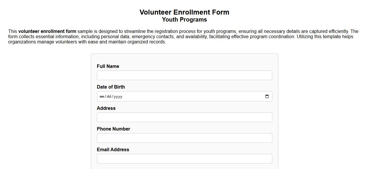 Volunteer enrollment form sample for youth programs image preview