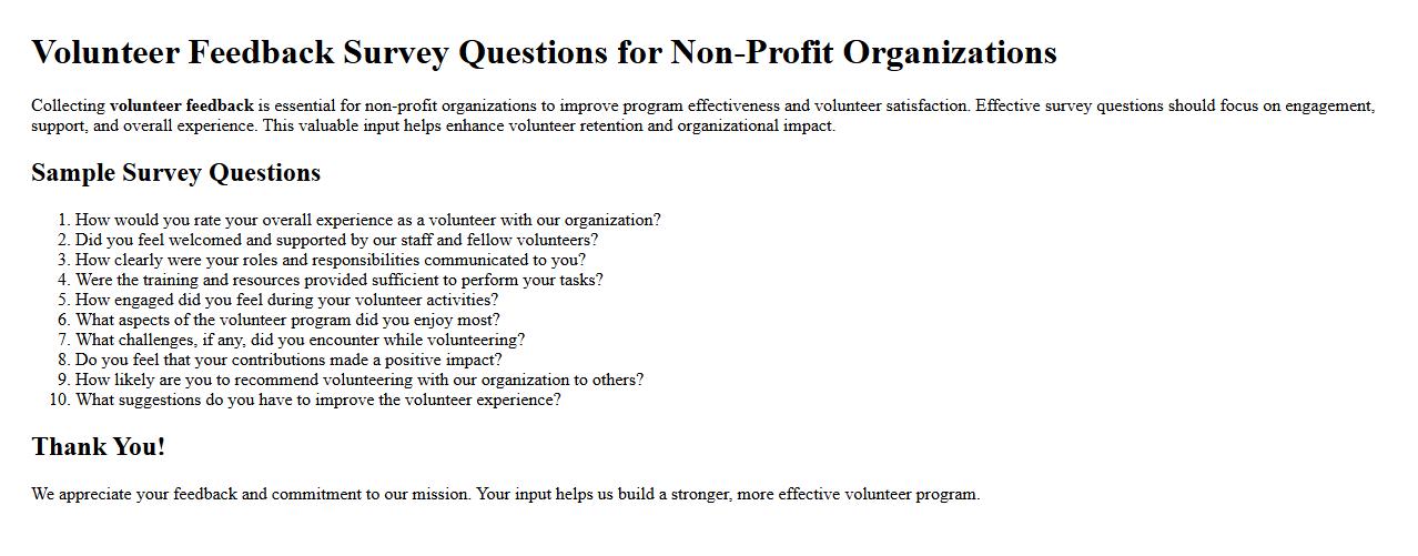 Volunteer feedback survey questions for non-profit organizations image preview