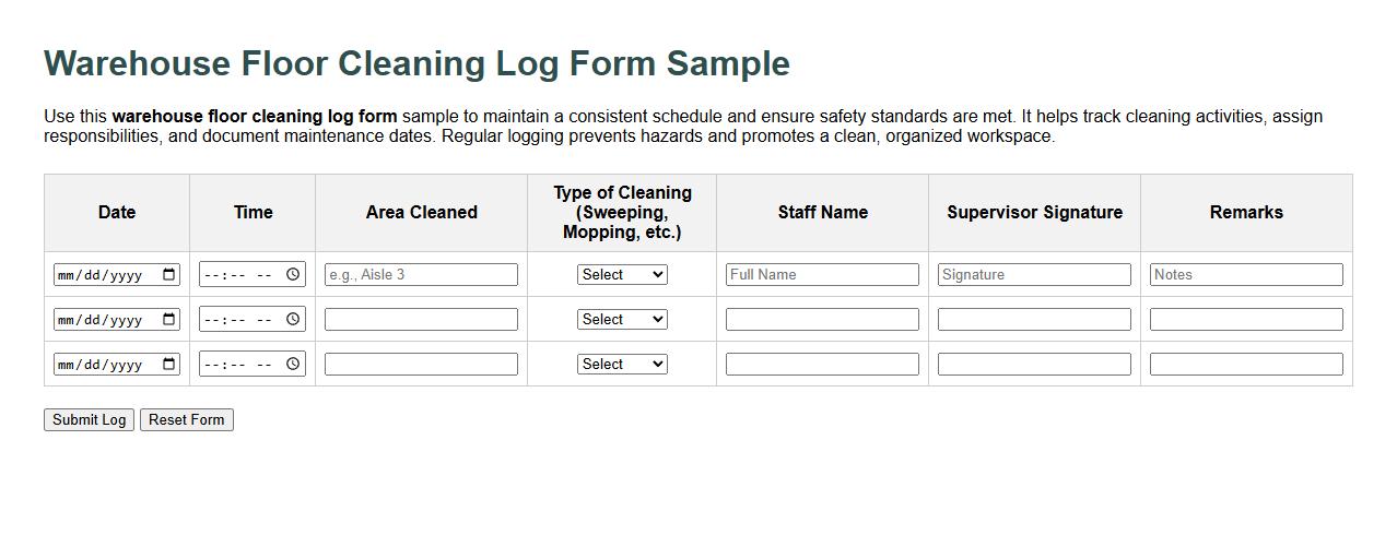 Warehouse floor cleaning log form sample image preview
