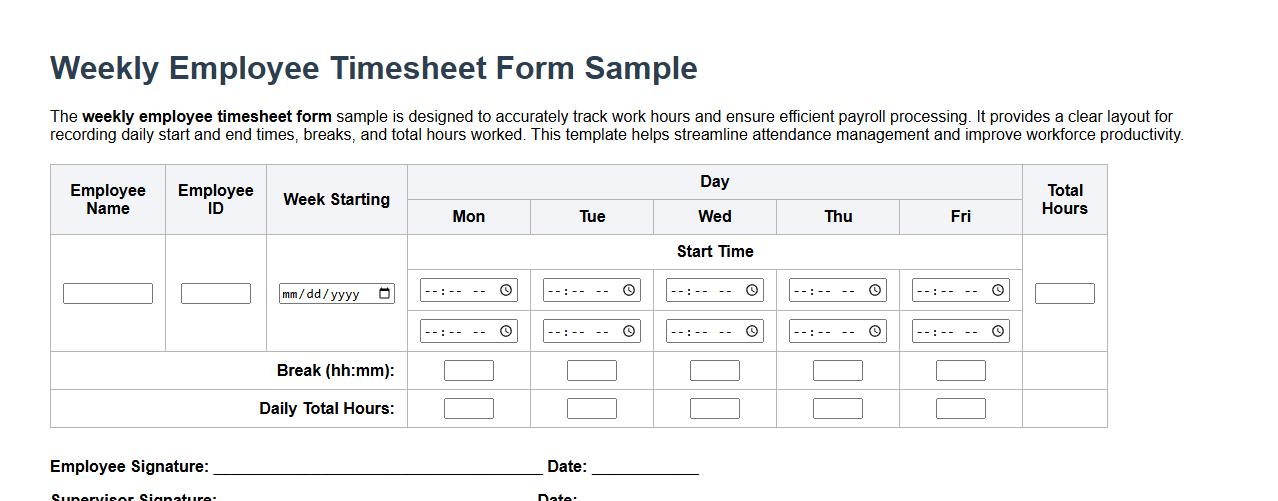 Weekly employee timesheet form sample image preview