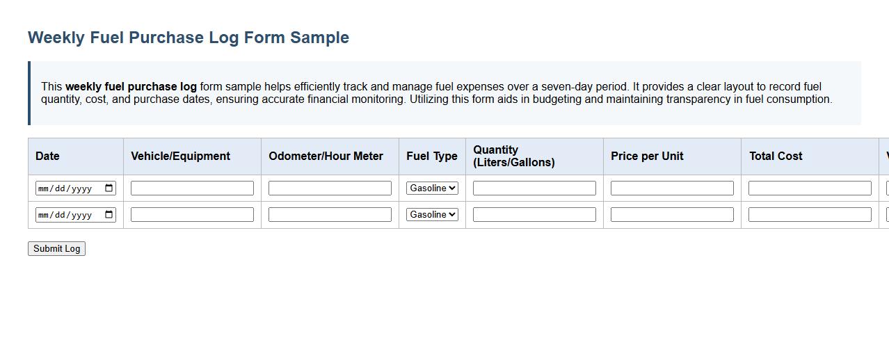 Weekly fuel purchase log form sample image preview