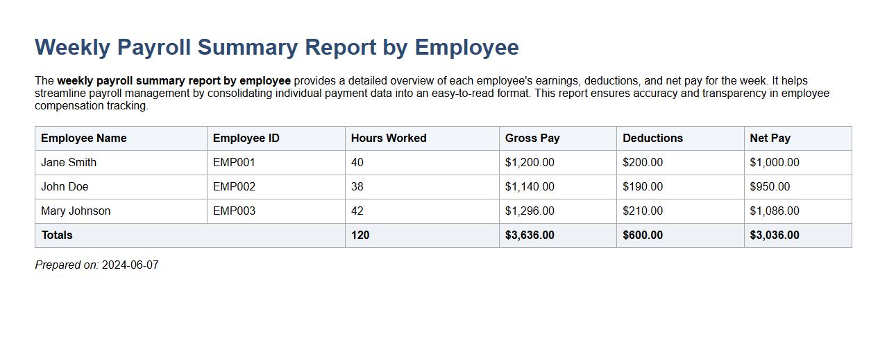 weekly payroll summary report by employee image preview