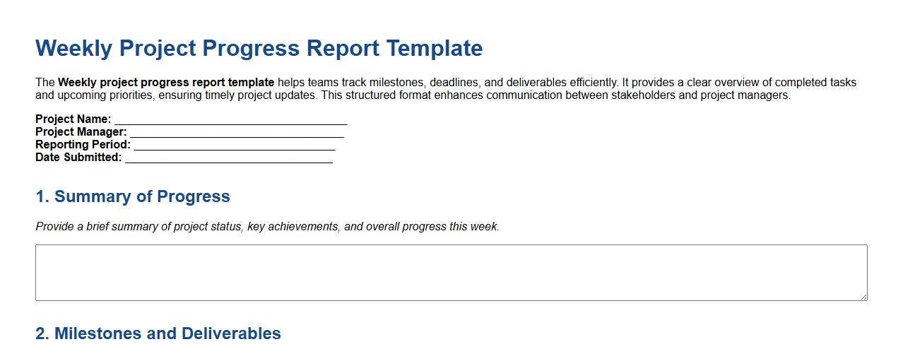 Weekly project progress report template image preview