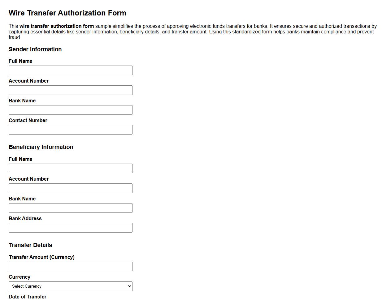 wire transfer authorization form sample for banks image preview