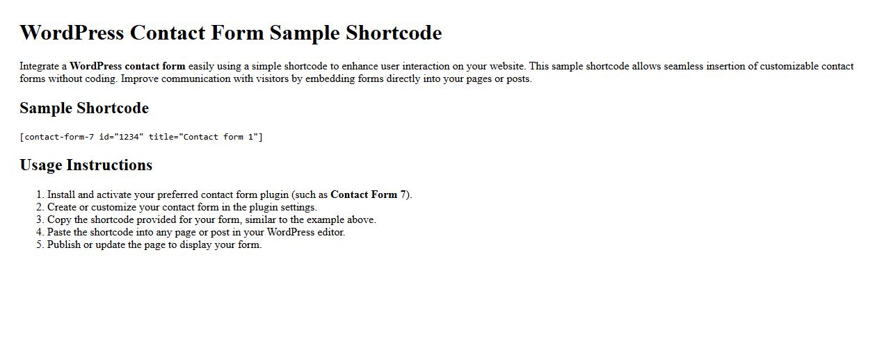 WordPress contact form sample shortcode image preview