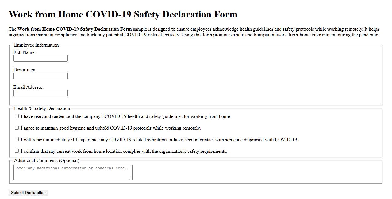 Work from home COVID-19 safety declaration form sample image preview