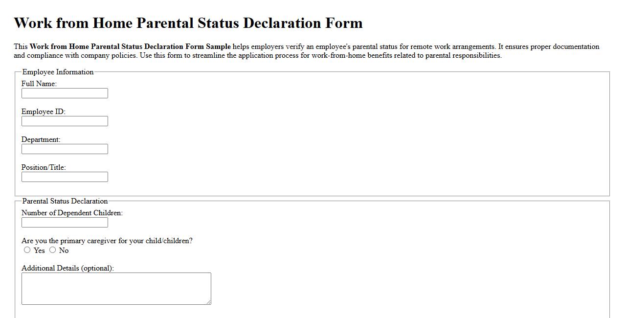 Work from home parental status declaration form sample image preview