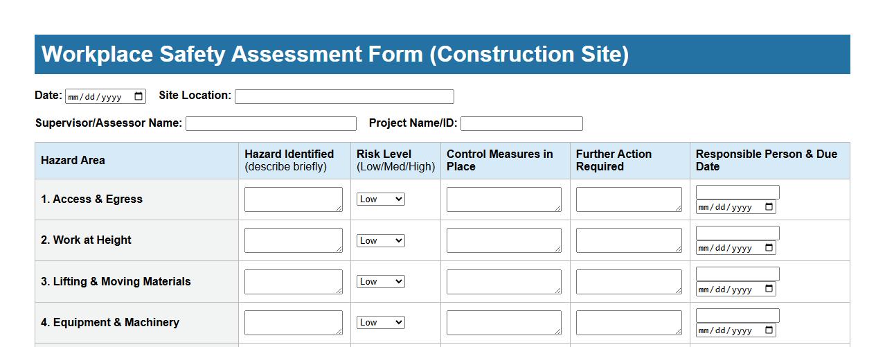 workplace safety assessment form sample for construction sites image preview