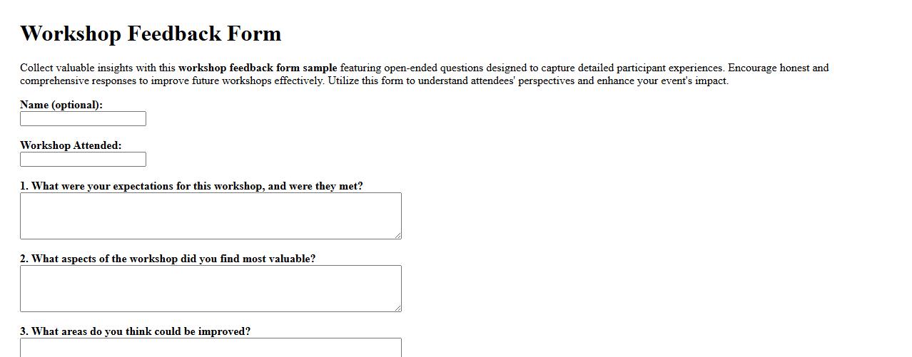 Workshop feedback form sample with open-ended questions image preview
