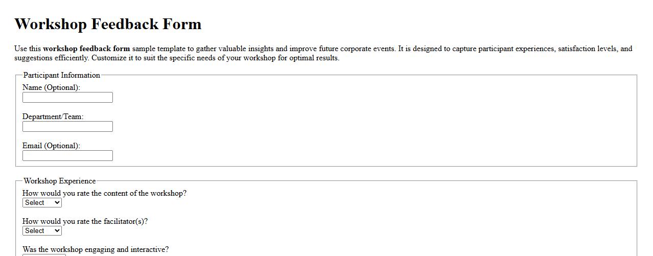 Workshop feedback form sample template for corporate events image preview