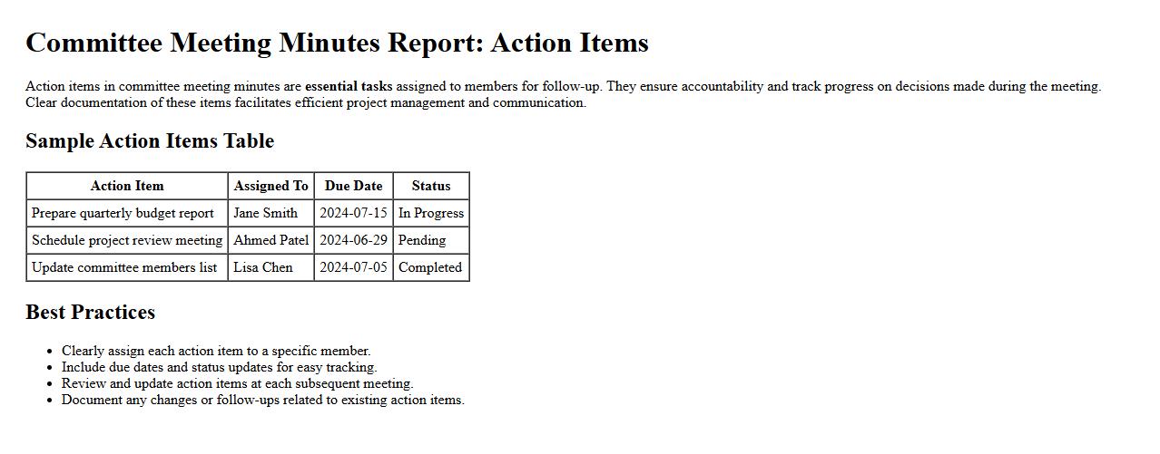Action items in committee meeting minutes report image preview