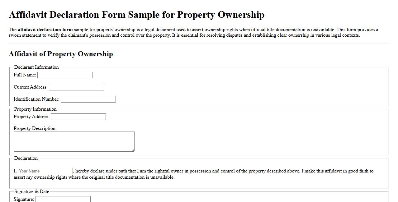 Affidavit declaration form sample for property ownership image preview