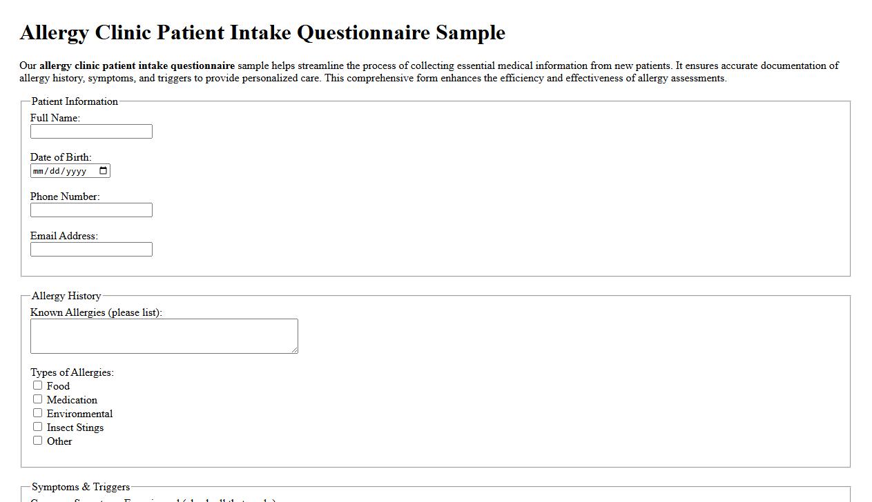 Allergy clinic patient intake questionnaire sample image preview
