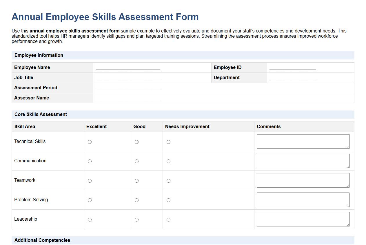 annual employee skills assessment form sample example image preview