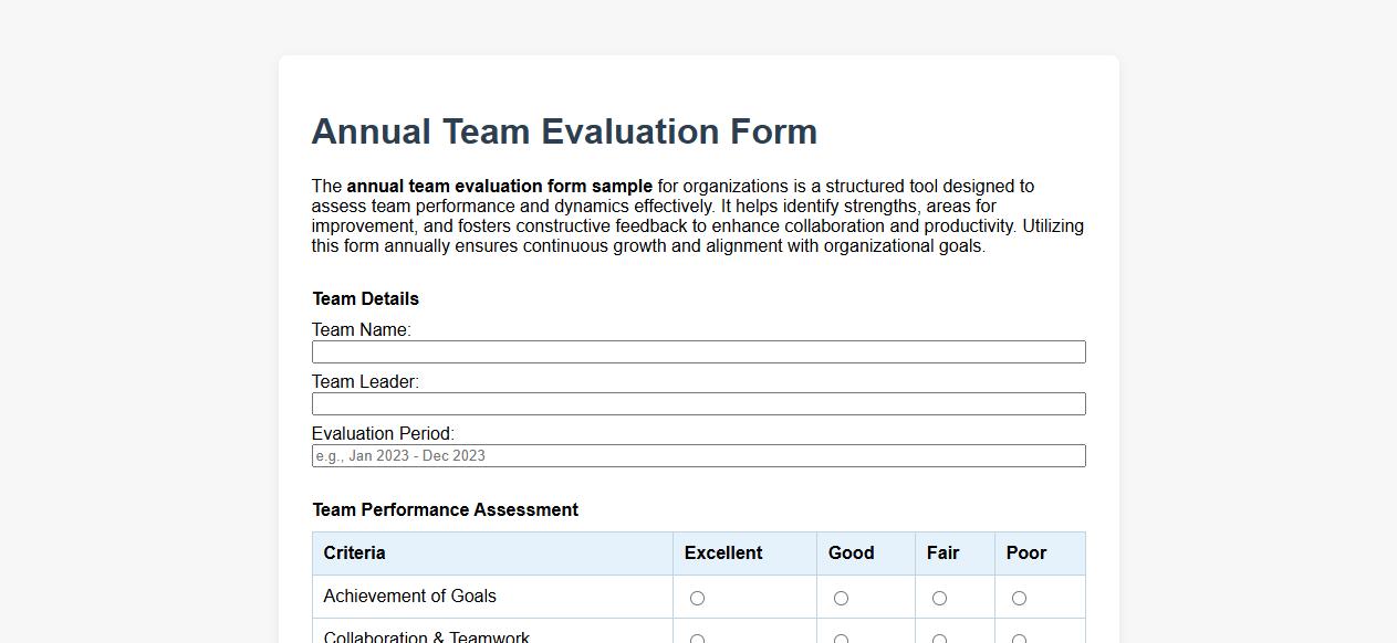 annual team evaluation form sample for organizations image preview