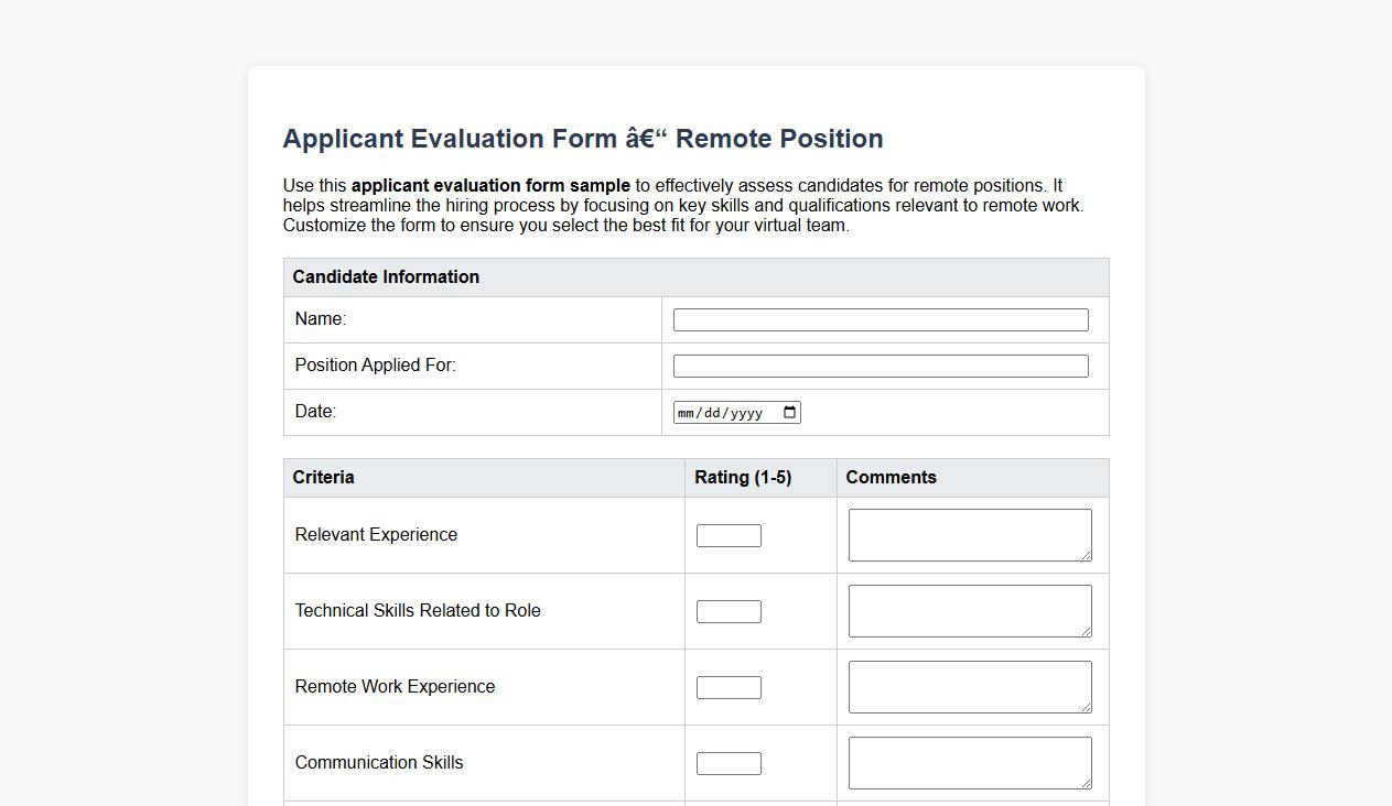 applicant evaluation form sample for remote position image preview