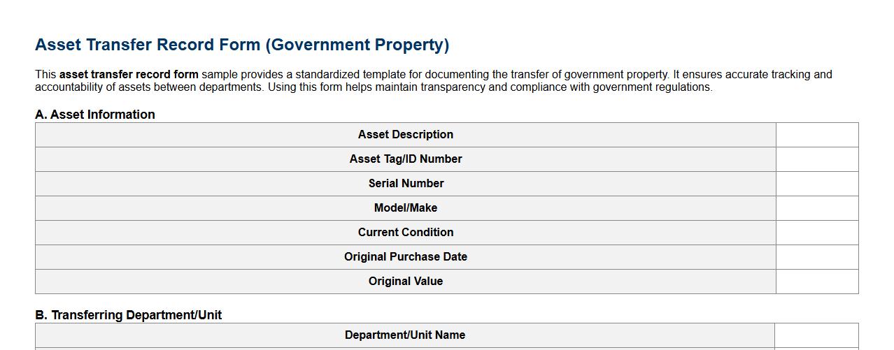 Asset transfer record form sample for government property image preview