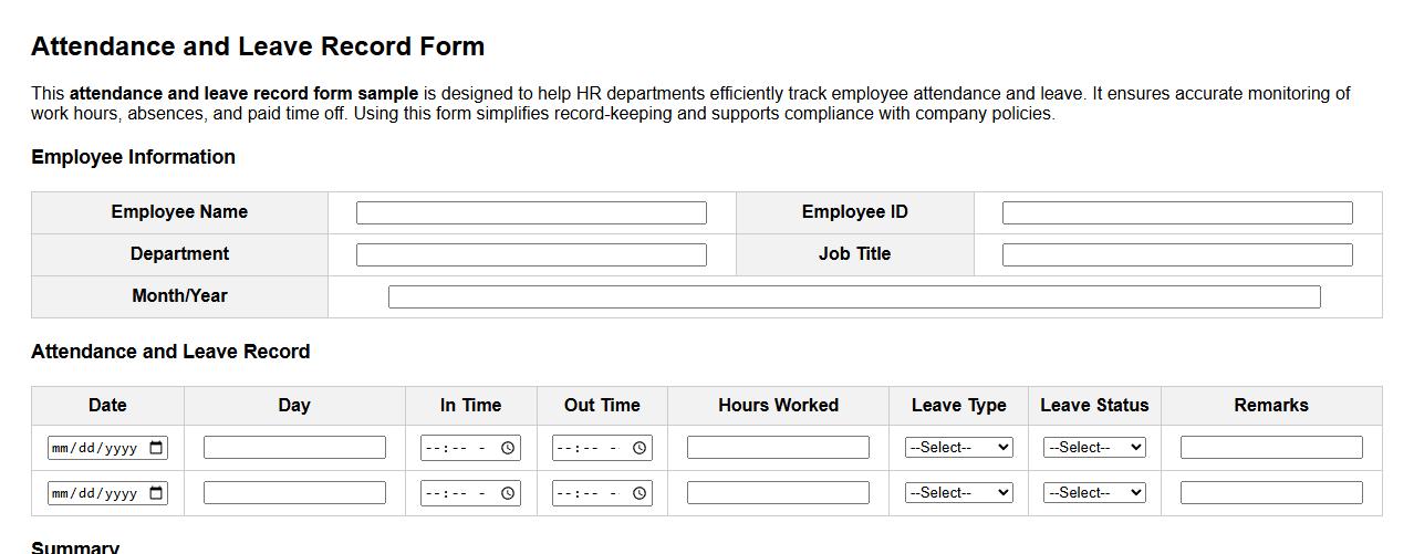 attendance and leave record form sample for HR image preview