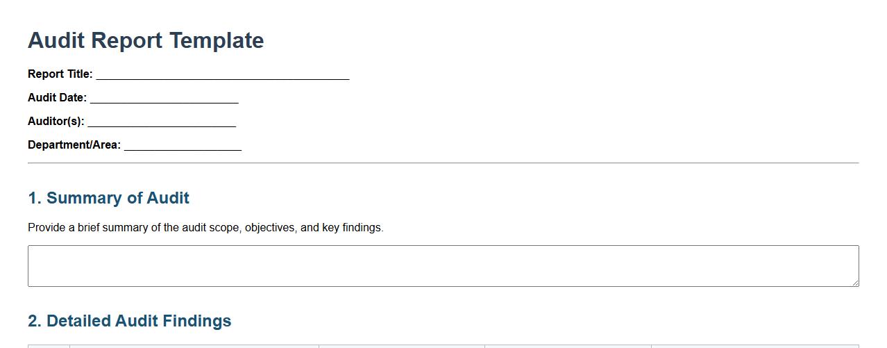 Audit report template with corrective action plan tracking image preview