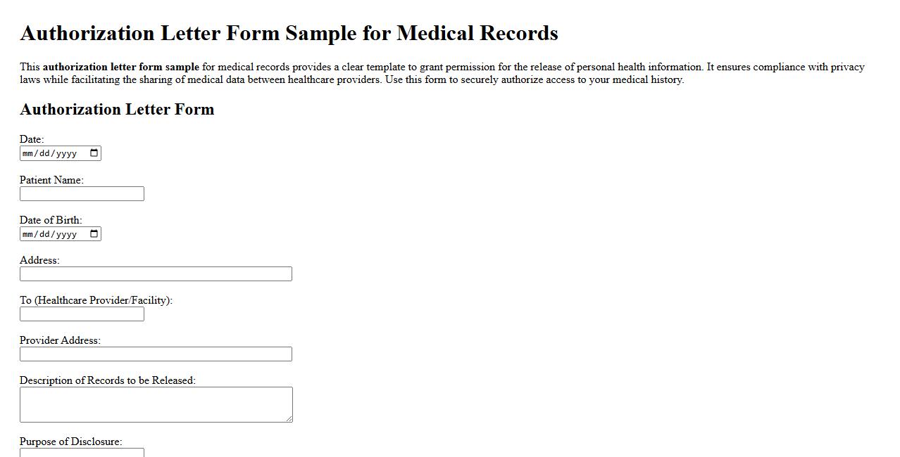 Authorization letter form sample for medical records image preview