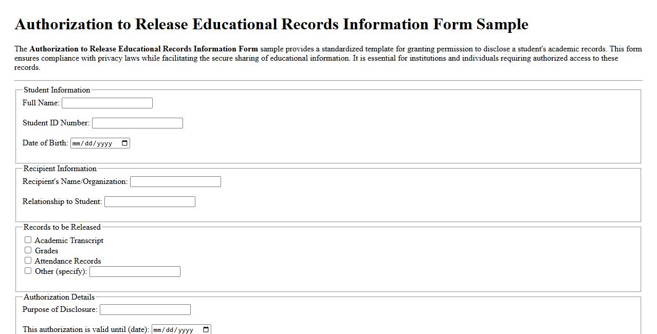 Authorization to Release Educational Records Information Form Sample image preview