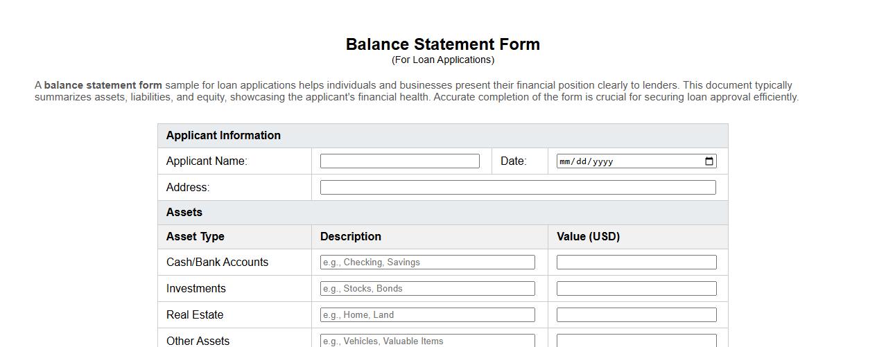 balance statement form sample for loan applications image preview