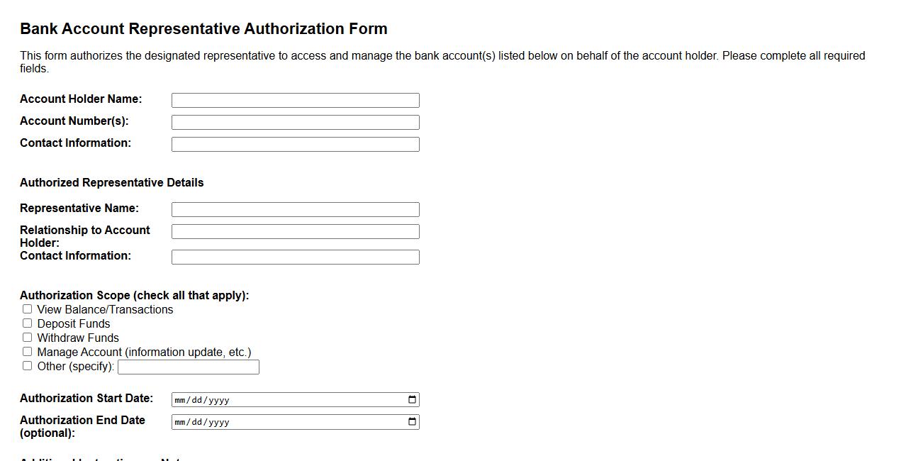 bank account representative authorization form sample image preview