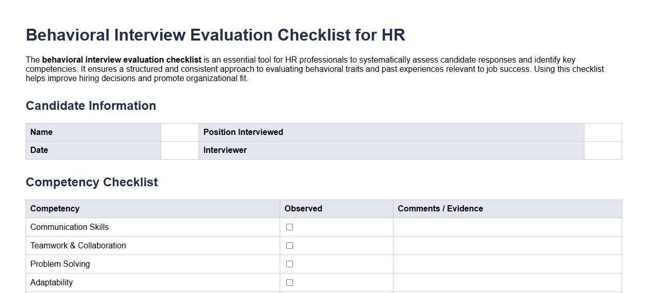 Behavioral interview evaluation checklist for HR image preview