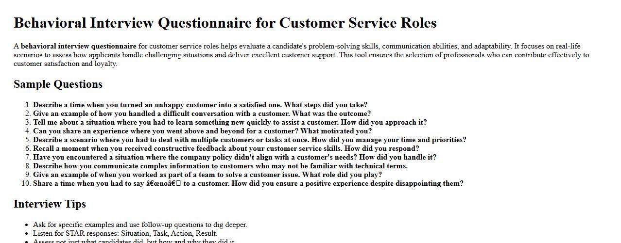 Behavioral interview questionnaire for customer service roles image preview