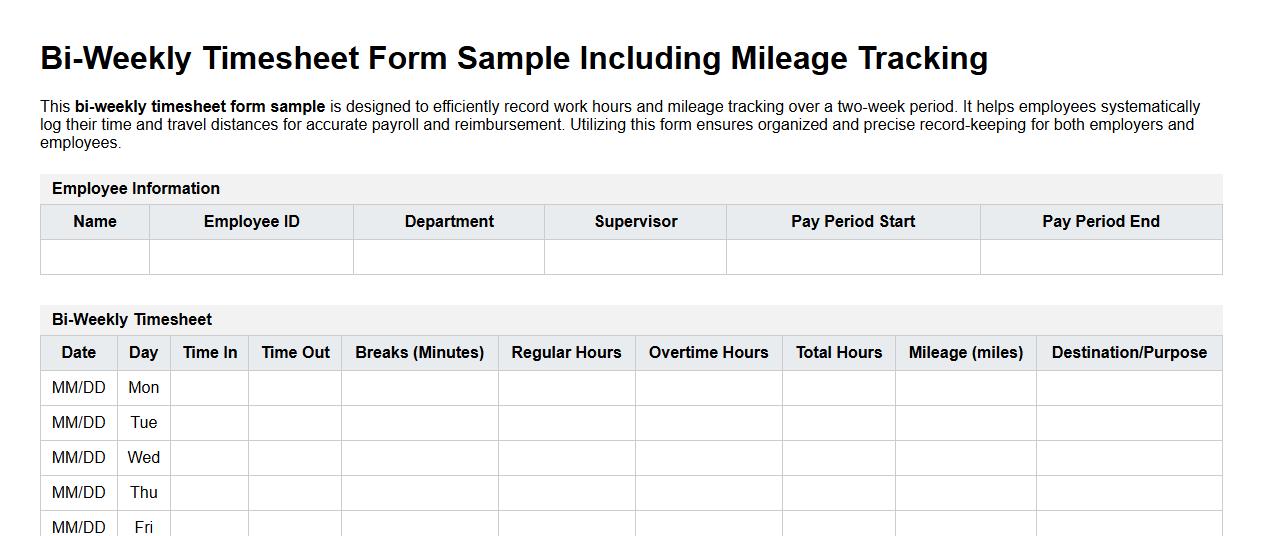 bi-weekly timesheet form sample including mileage tracking image preview