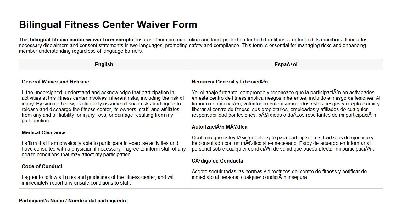 bilingual fitness center waiver form sample image preview