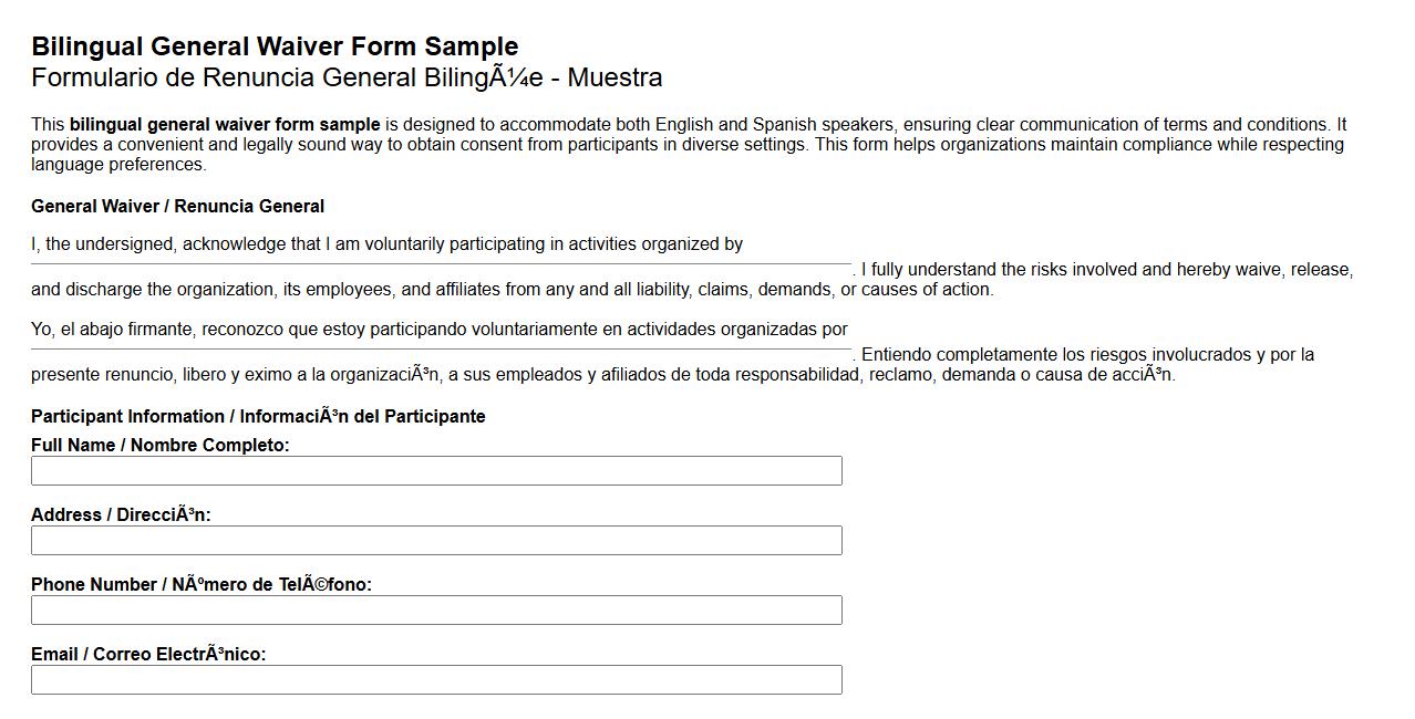 bilingual general waiver form sample English Spanish image preview