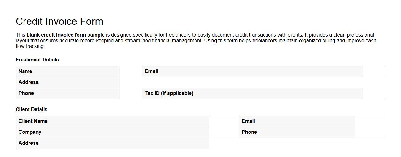 blank credit invoice form sample for freelancers image preview