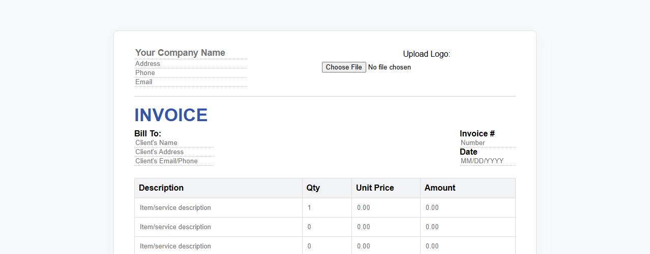 Blank invoice form PDF with company logo option image preview