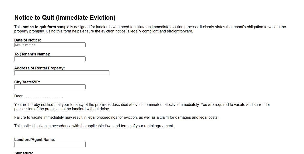 Blank notice to quit form sample for immediate eviction image preview