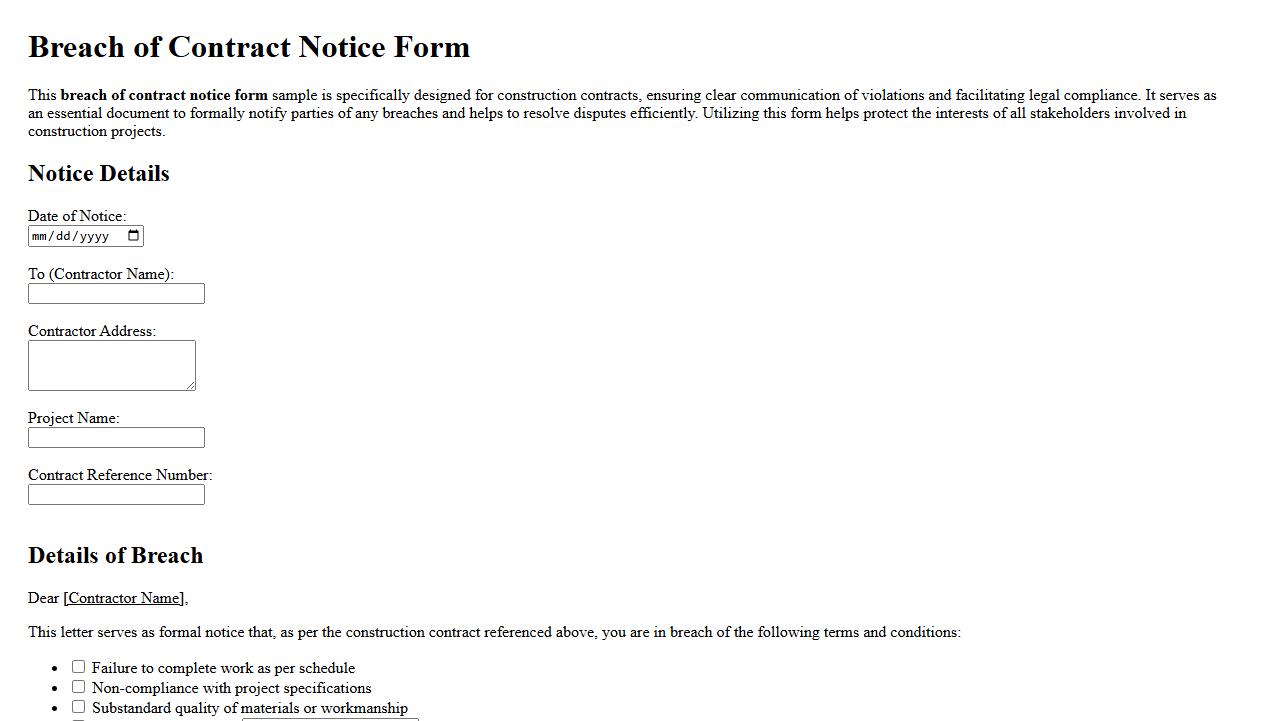 Breach of contract notice form sample for construction contracts image preview