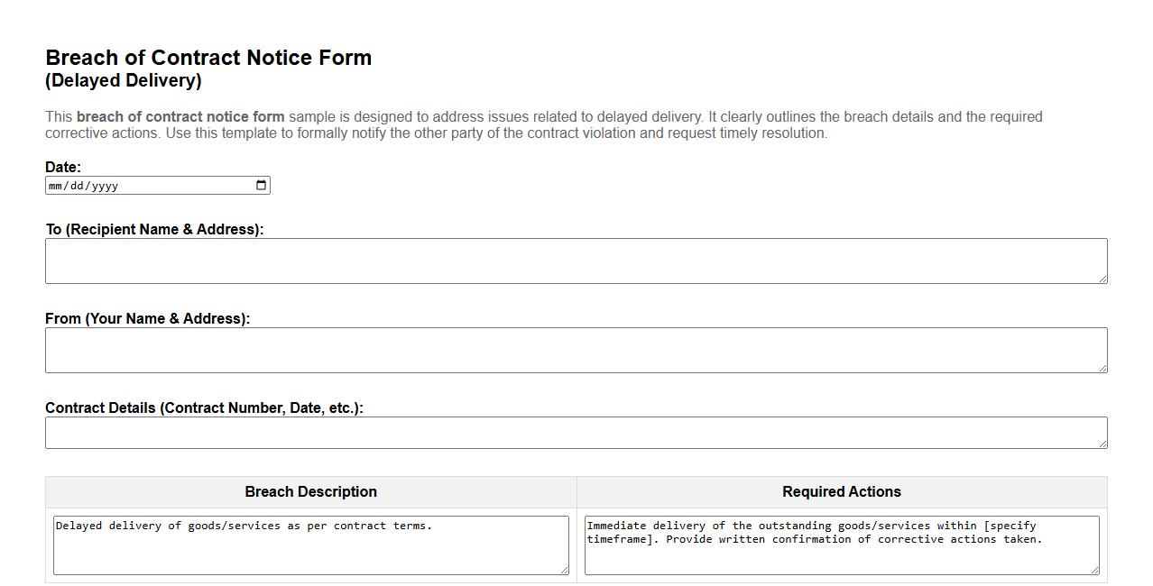 Breach of contract notice form sample for delayed delivery image preview