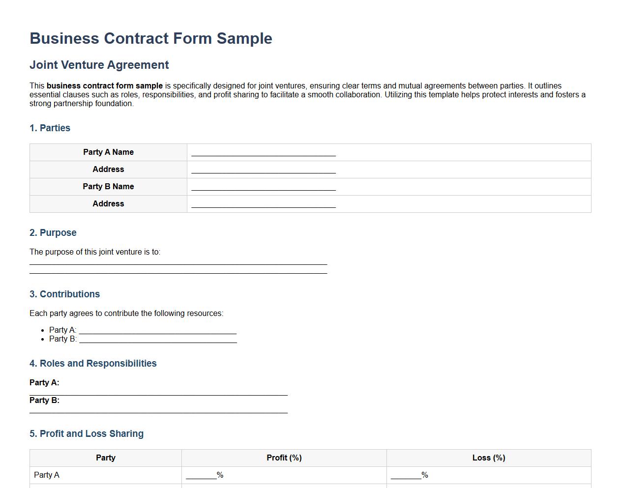 Business contract form sample for joint ventures image preview