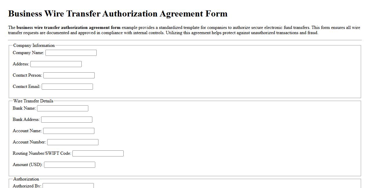 Business wire transfer authorization agreement form example image preview