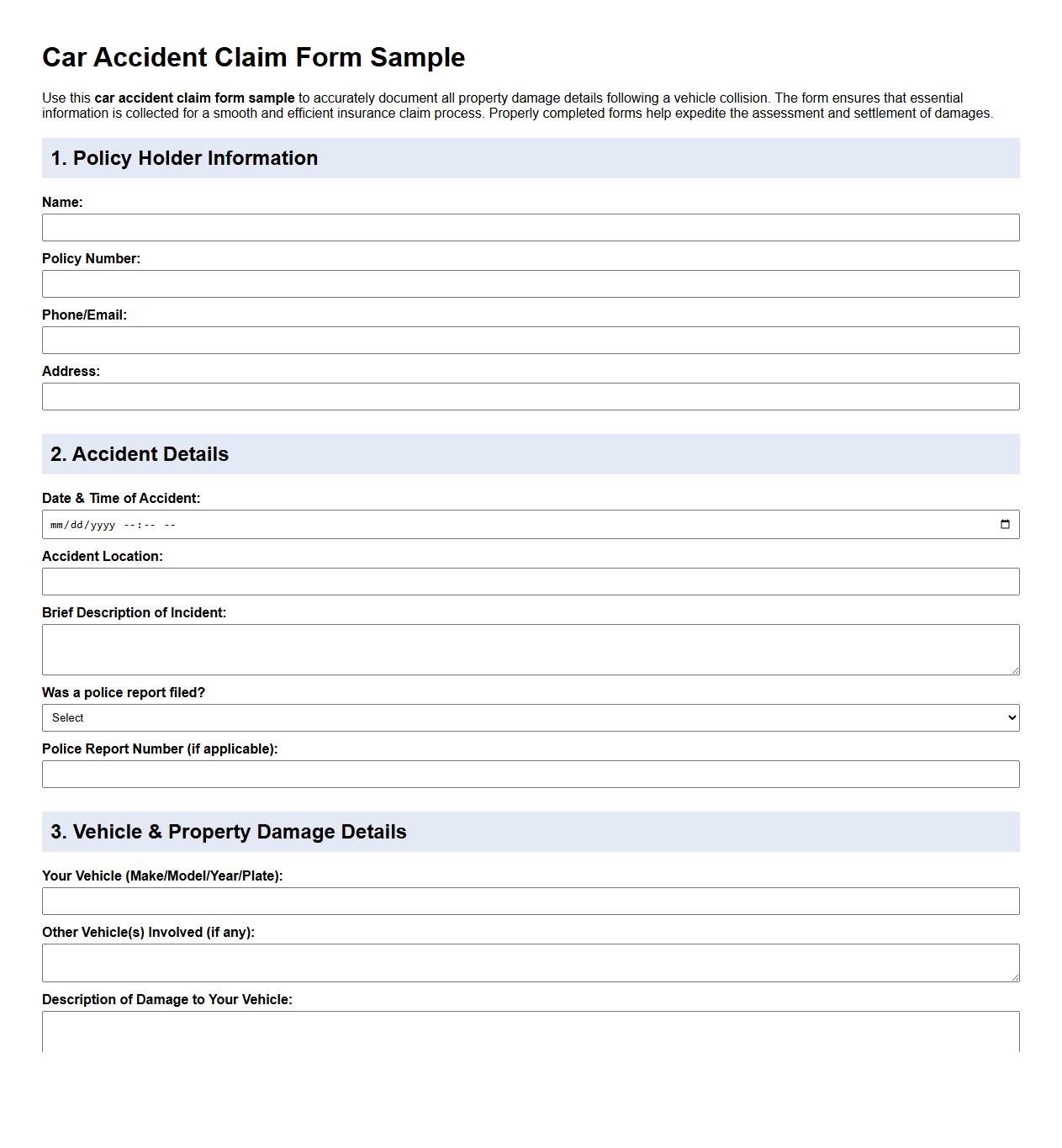 Car accident claim form sample with property damage details image preview