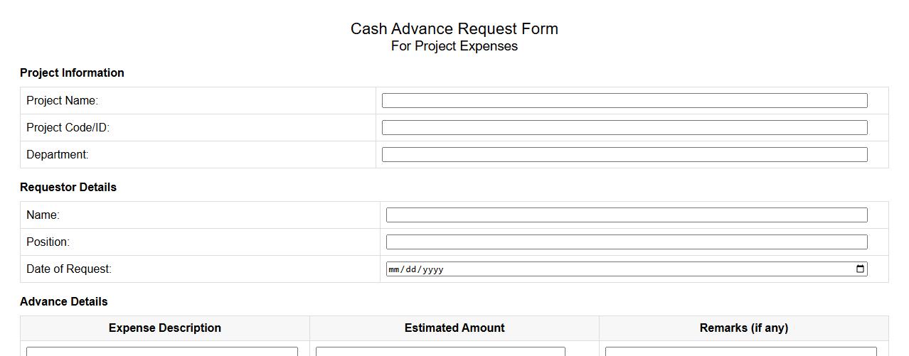 cash advance request form sample for project expenses image preview