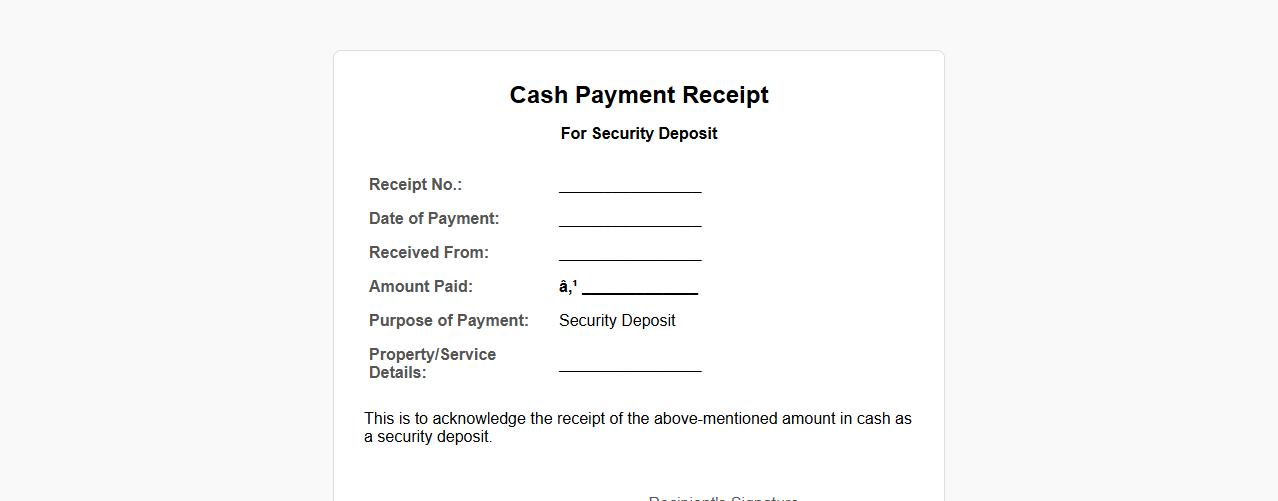 Cash payment receipt sample for security deposit image preview