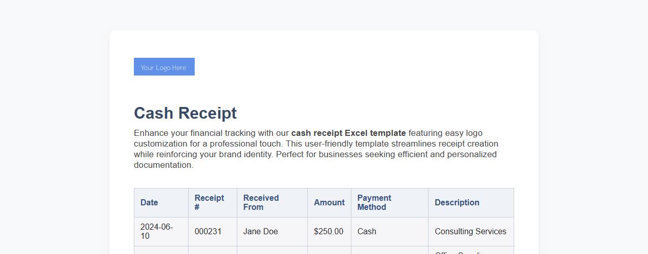 cash receipt excel template with logo customization image preview